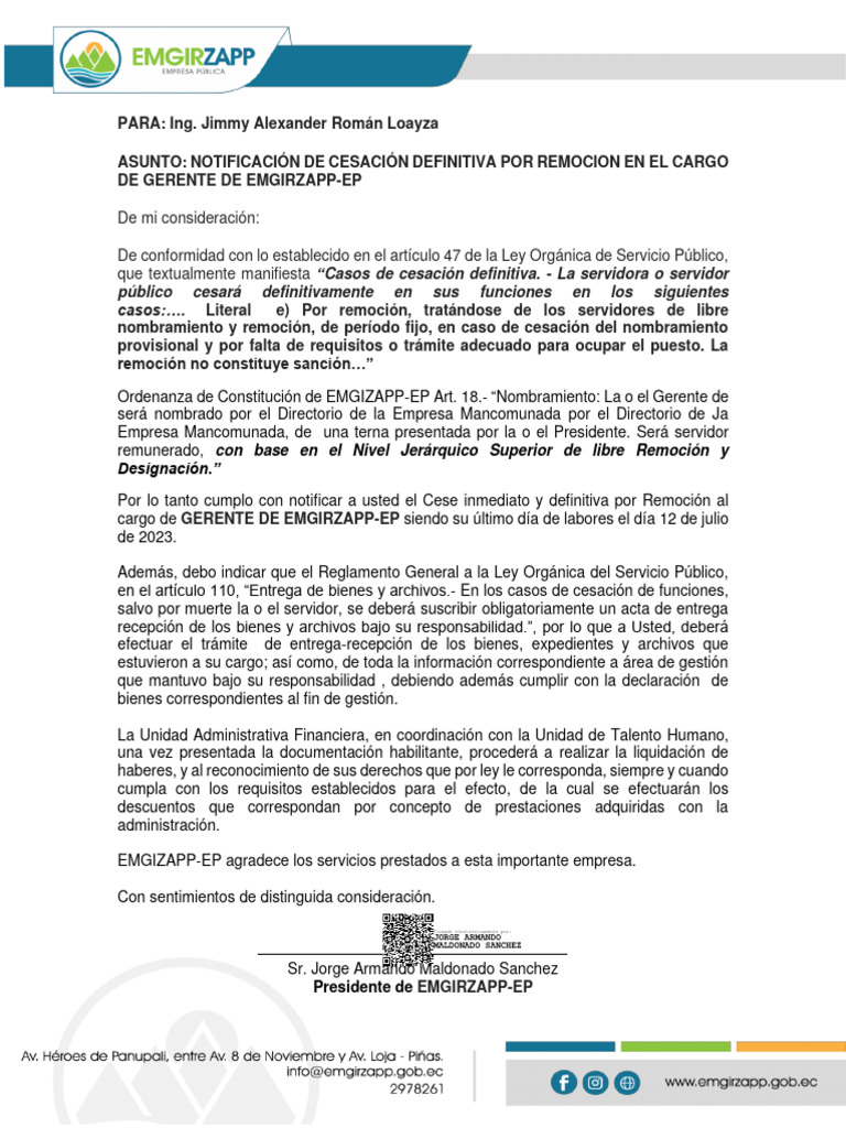Notificación de cesación de funciones | PDF | Gobierno