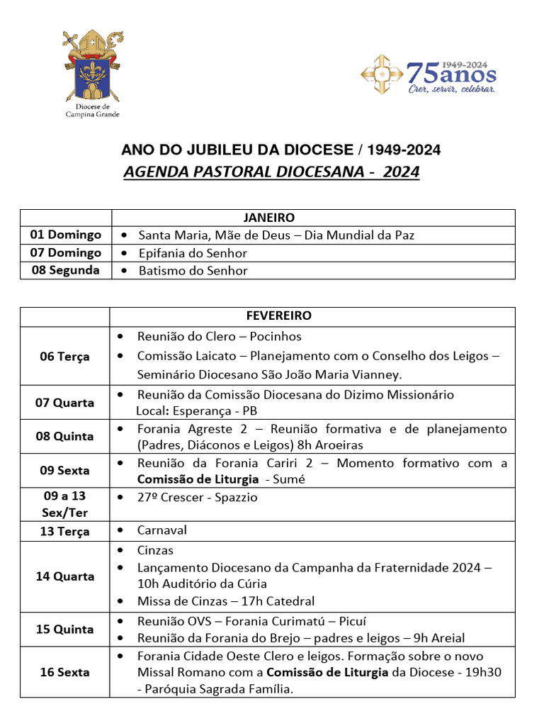 Agenda Pastoral Diocesana 2024 | PDF | Igreja católica | Fé