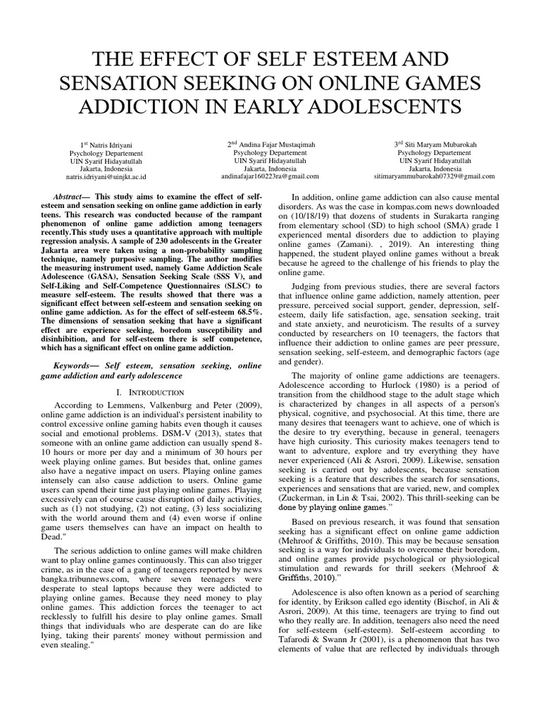 The Effect of Self Esteem and Sensation Seeking On Online Games