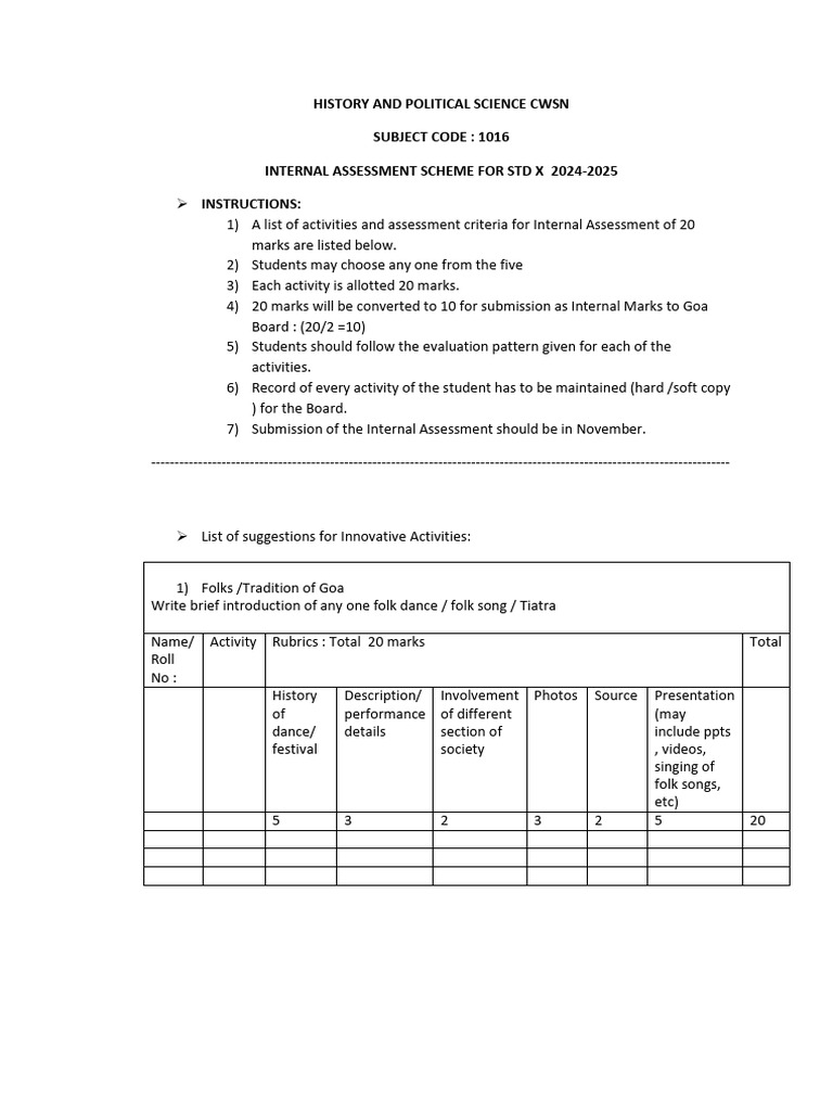 History and Political Science CWSN X Assessment Scheme 2024 25 | PDF ...