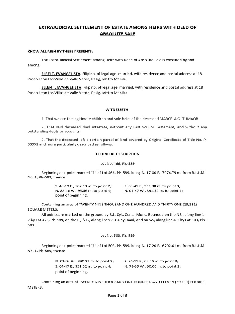 Deed of Extraiudicial Settlement of Estate Among Heirs With Deed of ...