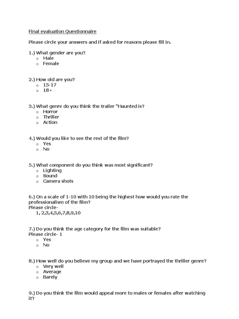 Final Evaluation Questionnaire for Film | PDF