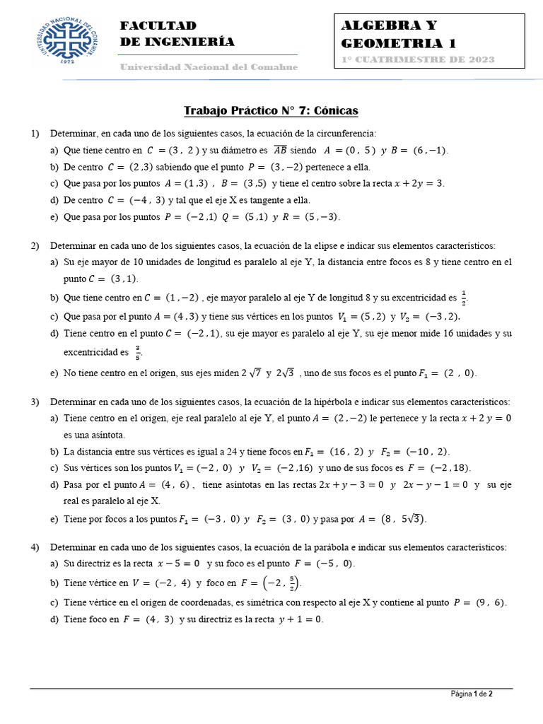 TP N°7 Cónicas - 1°c - 2023 | PDF | Línea (geometría) | Elipse