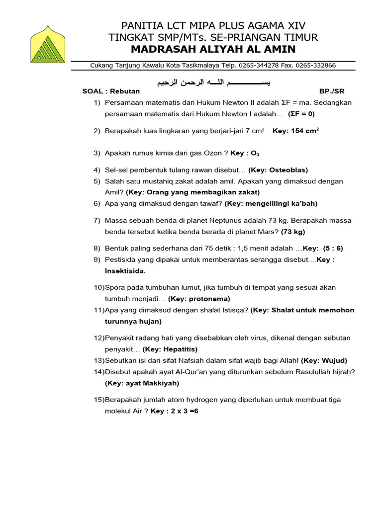Soal Rebutan LCT MIPA Agama XIV | PDF