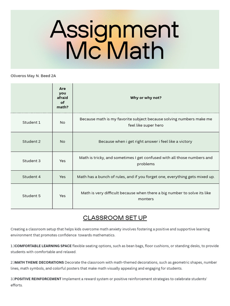 Classroom Setup to Reduce Math Anxiety | PDF