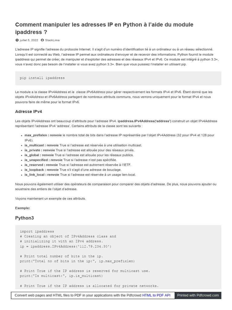 Manipulation des adresses IP en Python | PDF | I Pv6 | Adresse IP