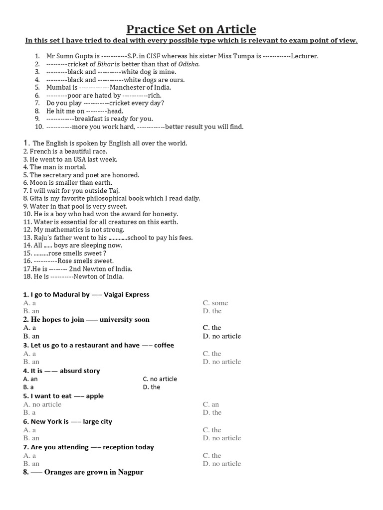 Article Practice Set for Exams | PDF