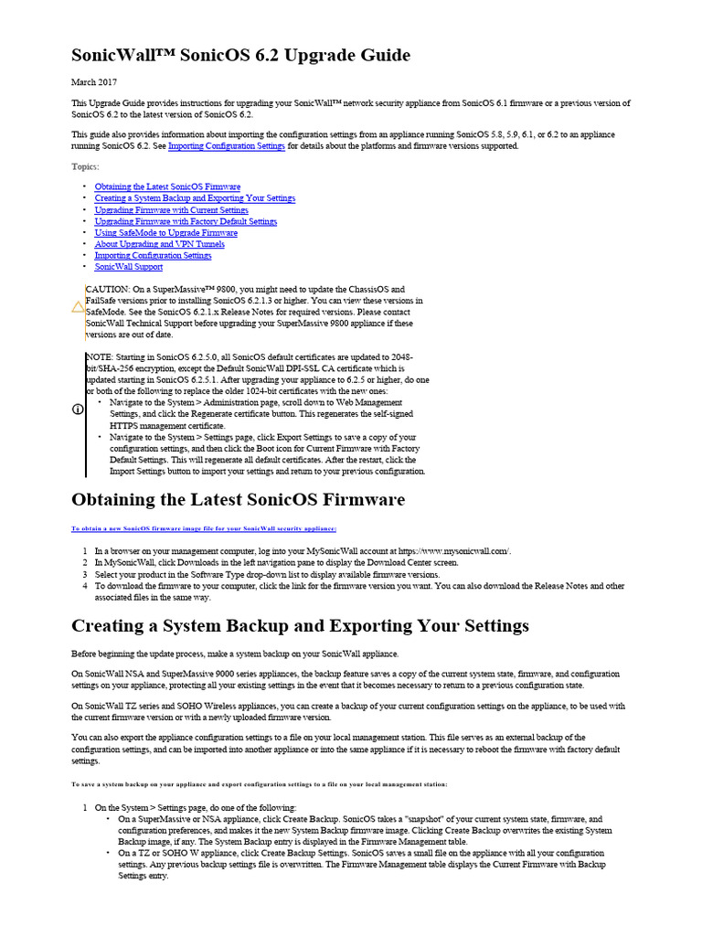 SonicOS 6.2 Upgrade Guide | PDF | Login | Backup