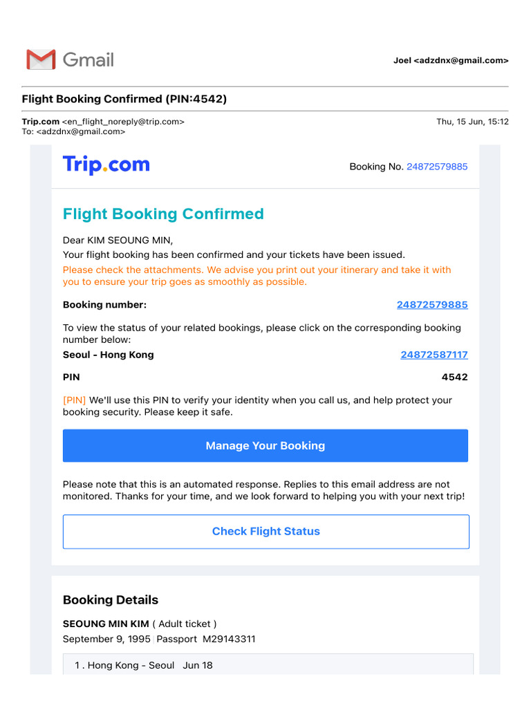 Flight Booking Confirmed (PIN:4542) | PDF