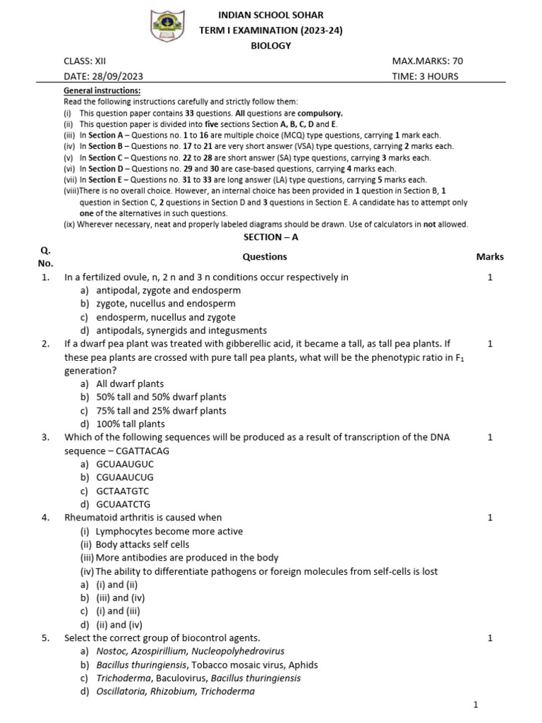 Class Xii Term I Biology 2023-24 | PDF | Fruit | Genetics