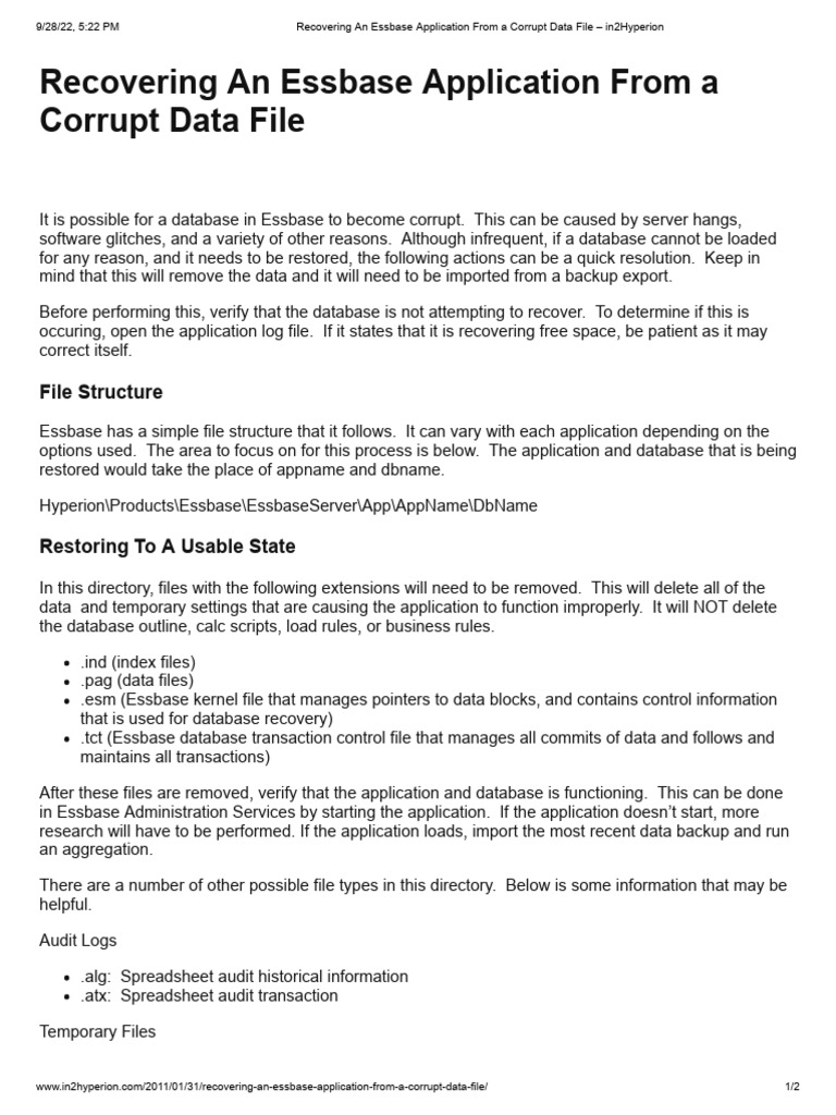 Recovering An Essbase Application From A Corrupt Data File | PDF ...