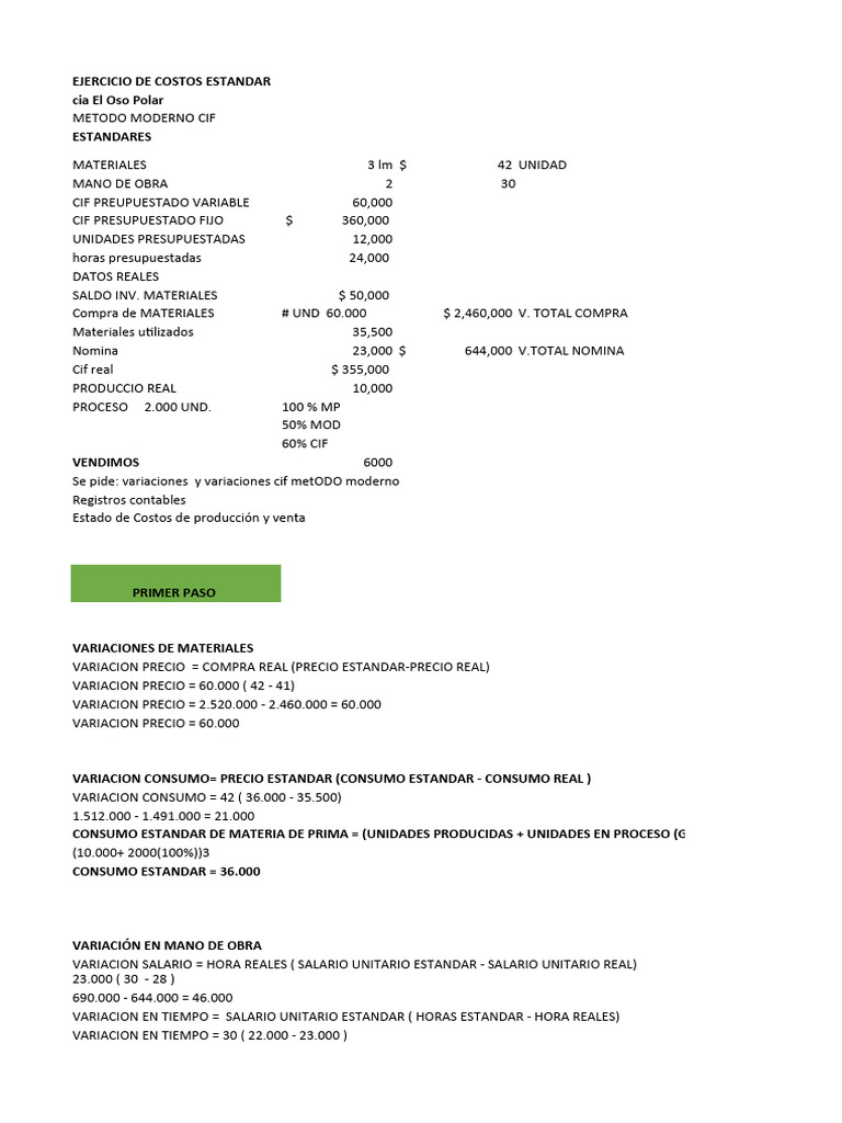 Ejercicios De Costos Estandar Para Practicar 1 Autoguardado Pdf