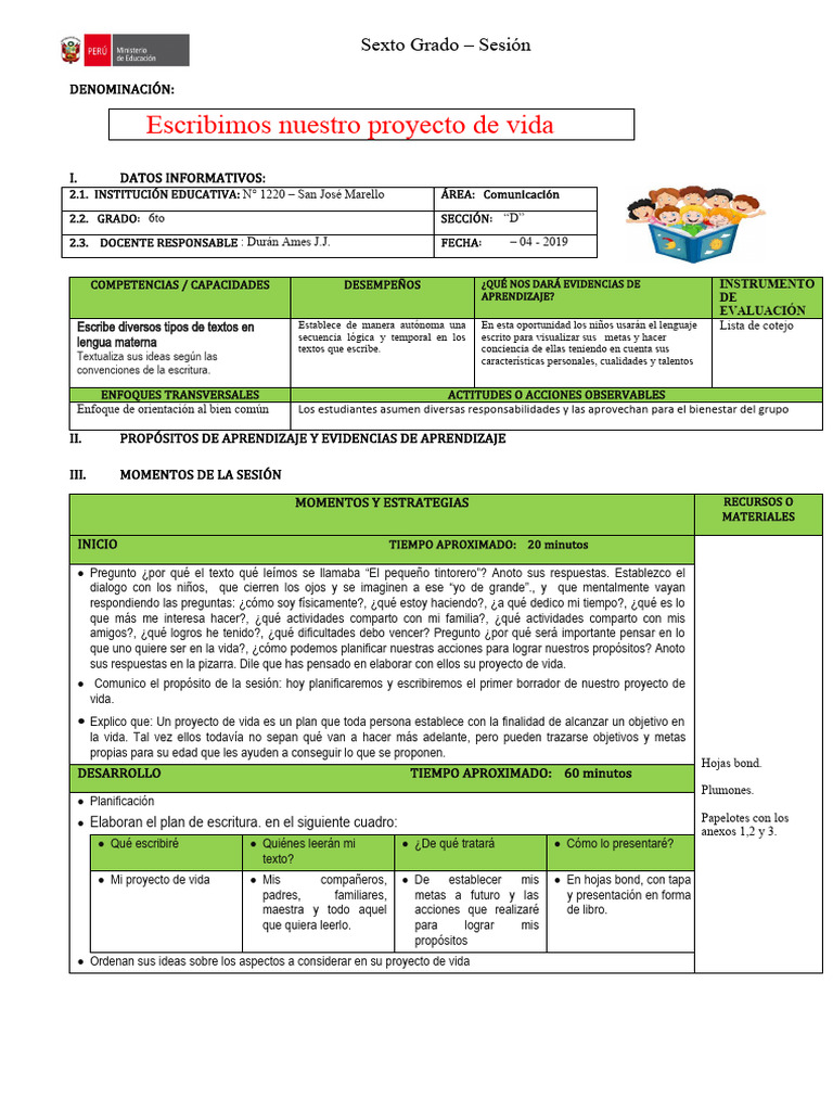 Proyecto de Vida para 6to Grado | PDF | Aprendizaje | Evaluación