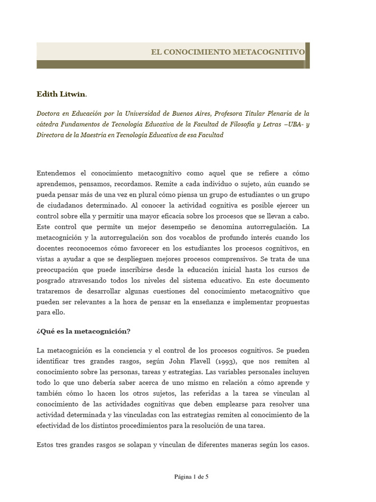 Litwin Metacognicion | PDF | Metacognición | Pensamiento
