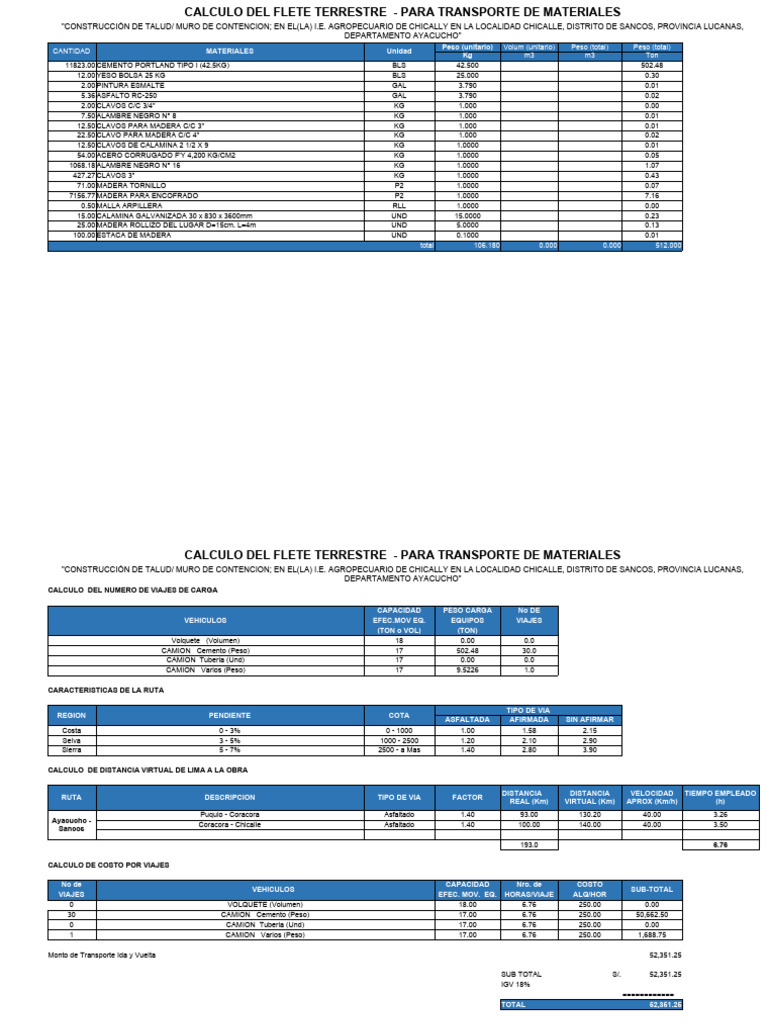 Cálculo de Flete para Transporte de Materiales | PDF | Materiales de ...