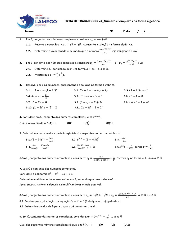 12 - FT24 - Números Complexos Na Forma Algébrica | PDF | Números ...