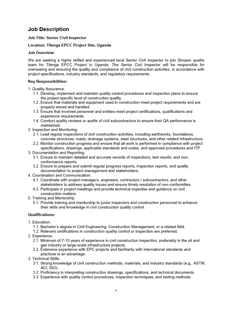 Senior Civil Inspector Role Overview | PDF | Specification (Technical ...