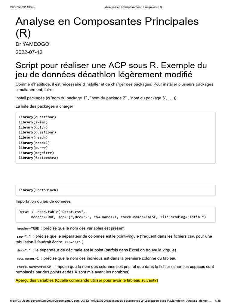 Tutoriel ACP avec R | PDF | Analyse en composantes principales ...