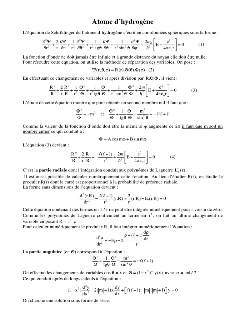 Équation de Schrödinger de l'hydrogène | PDF | Mécanique quantique ...
