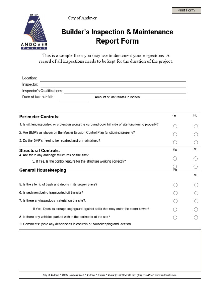 Andover Builder's Inspection Report Form | PDF | Technology & Engineering