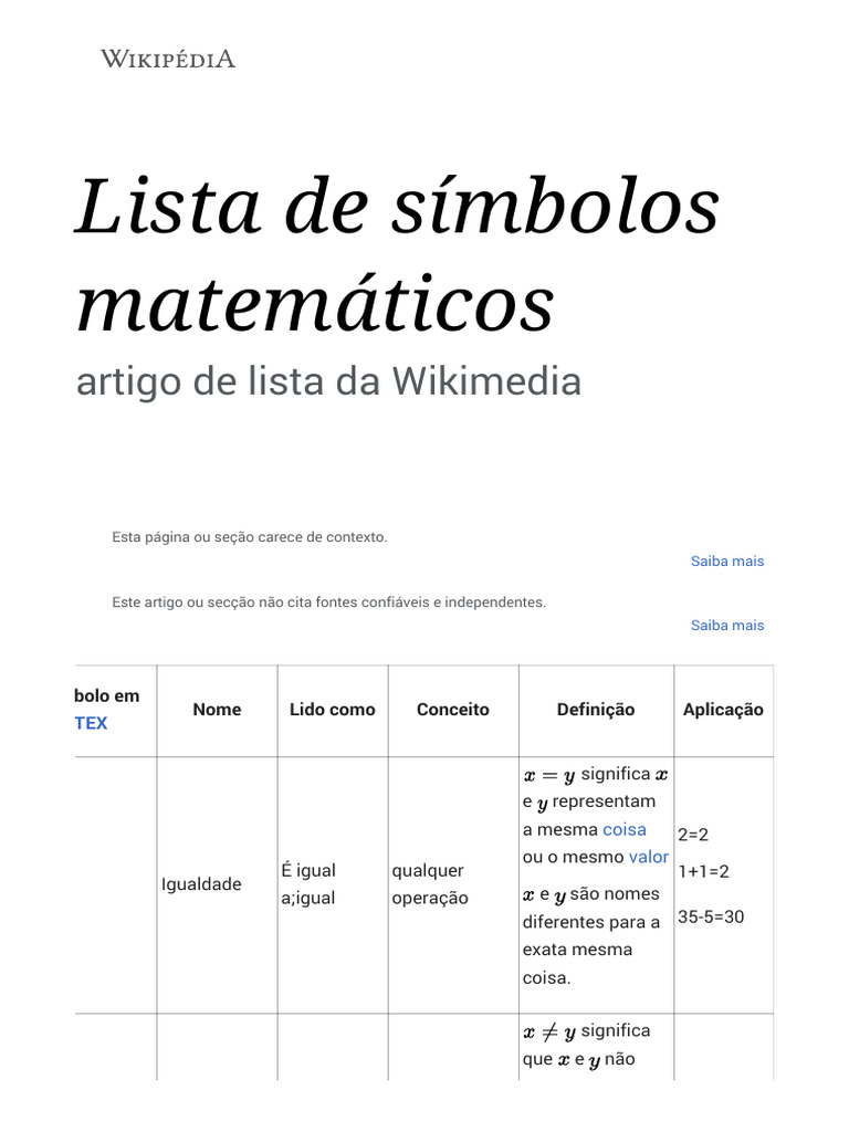 Lista de símbolos matemáticos – Wikipédia, a enciclopédia livre ...