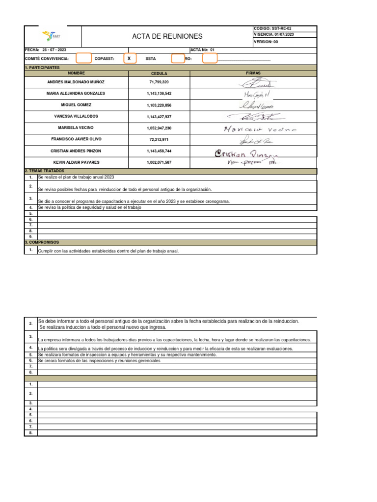 Acta de Reunion COPASST 2023 (1) | PDF