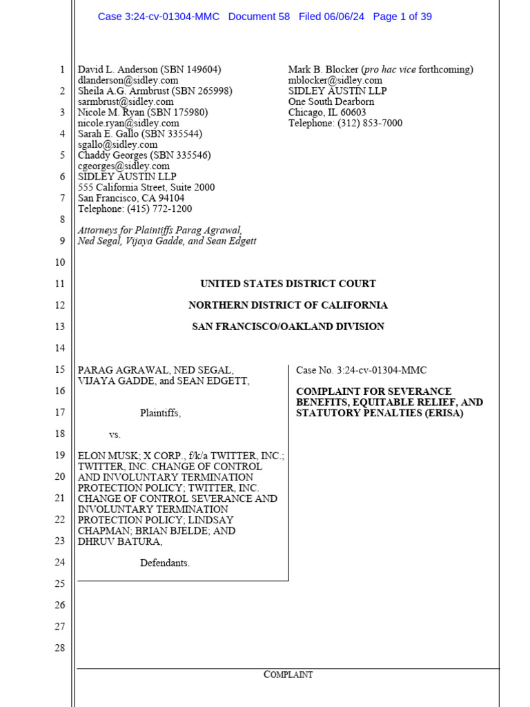 Unredacted Agrawal v. Musk ERISA Case PDF Lawsuit Elon Musk