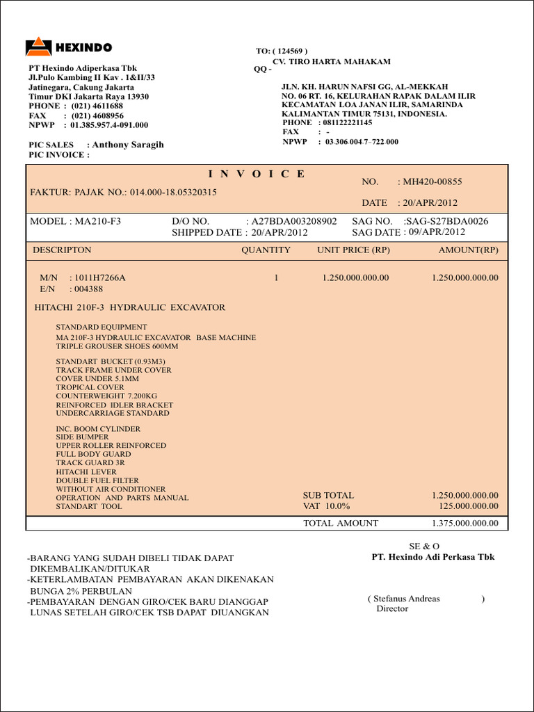 Invoice for Hitachi Excavator Purchase | PDF | Heavy Equipment