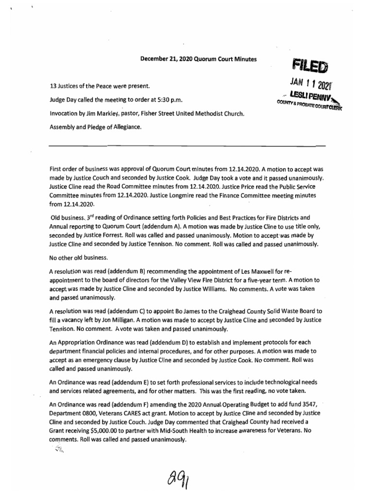 12.21.20 Quorum Court Minutes | PDF