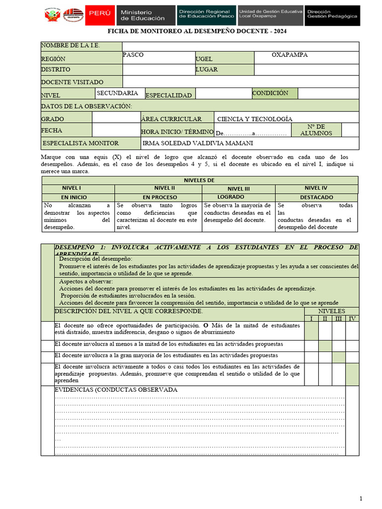 Ficha de Monitoreo Docente 2024 | PDF | Evaluación | Aprendizaje