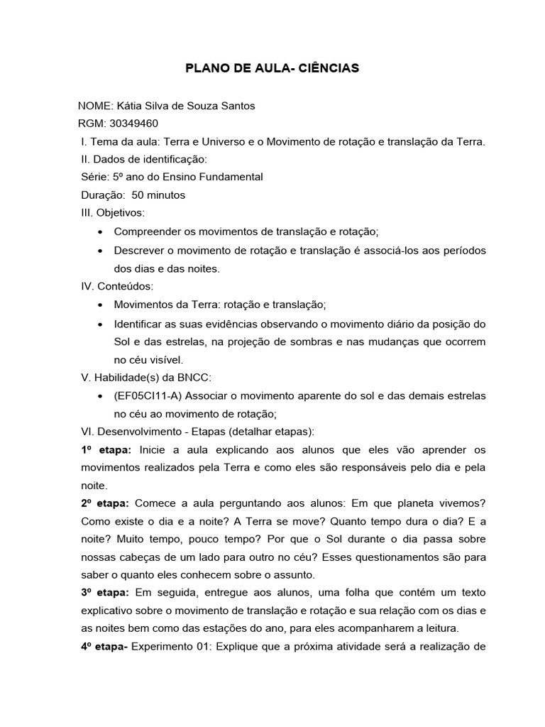 Plano de Aula - Ciências | Download grátis PDF | Rotação | Terra