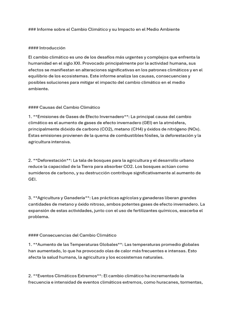 Informe Sobre El Cambio Climático y Su Impacto en El Medio Ambiente ...