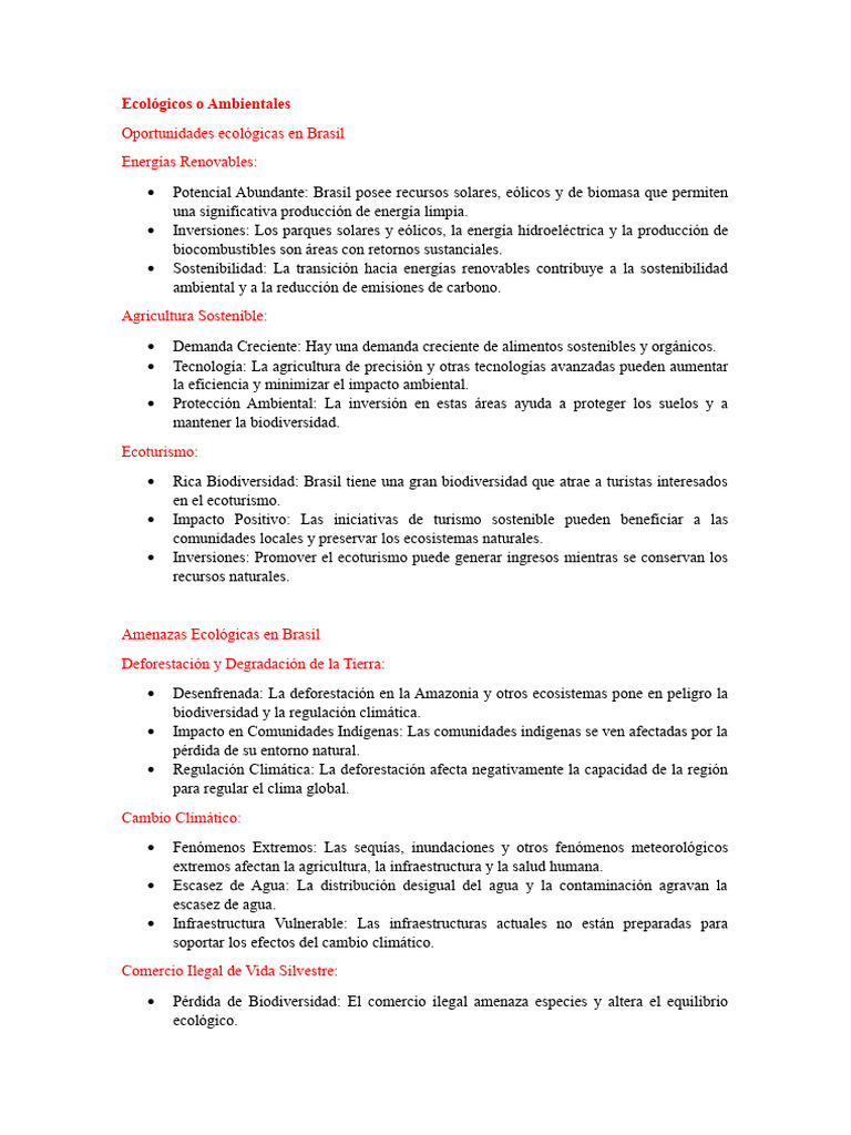 Oportunidades y Amenazas Ecológicas en Brasil | PDF | Sustentabilidad ...