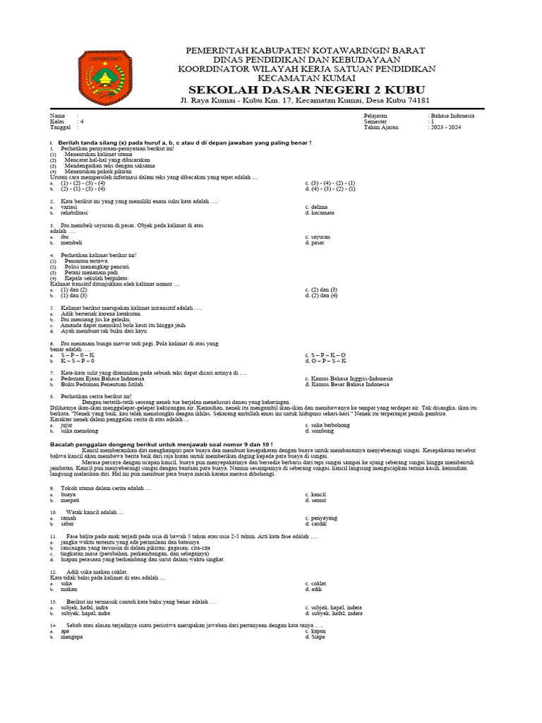 Soal Pts Sts Bahasa Indonesia Kelas 4 Semester 1 Kurikulum Merdeka T A
