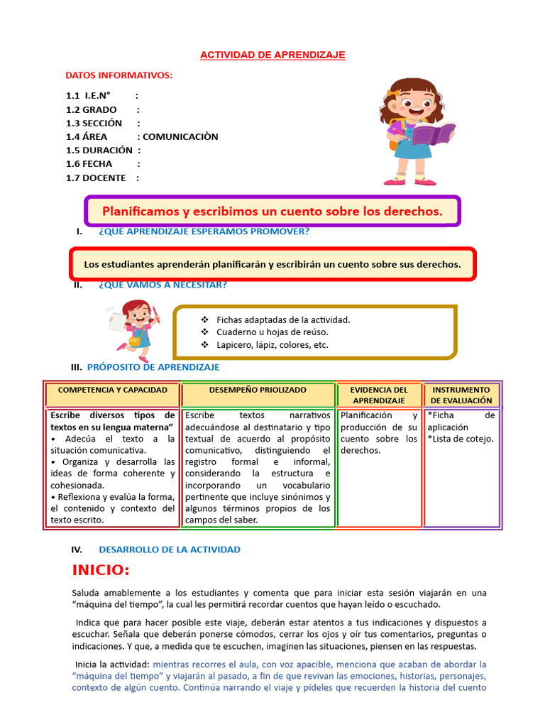 D4 A2 Sesion Planificamos Y Escribimos Un Cuento Sobre Los Derechos