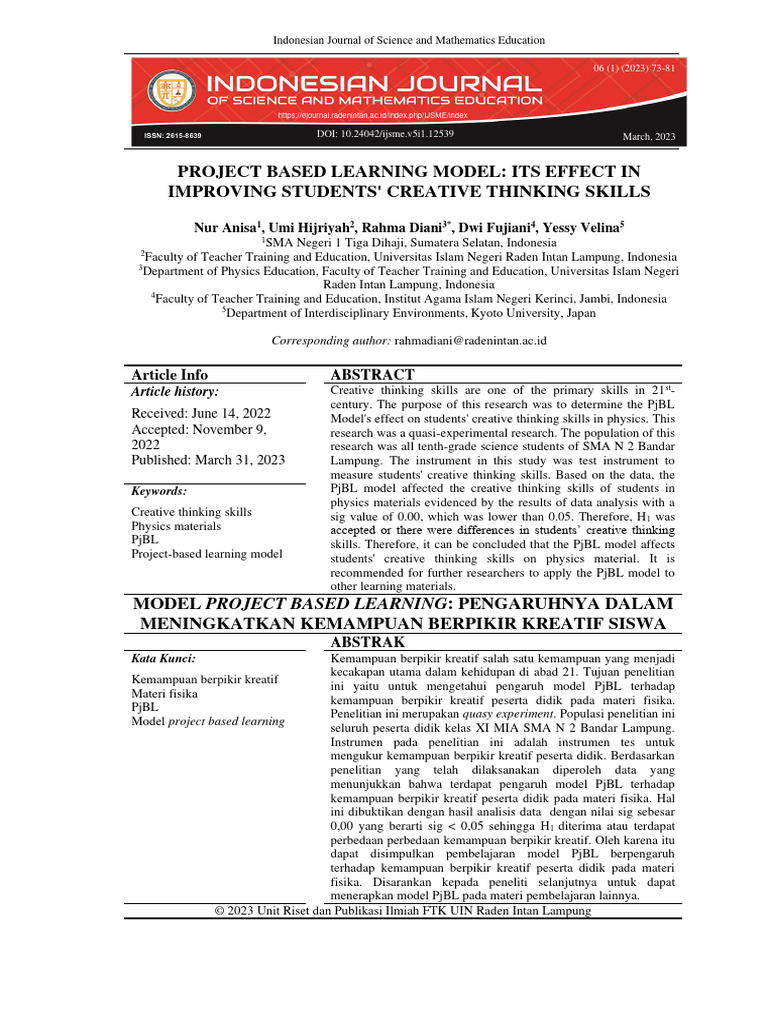 Project-Based Learning Enhances Creativity | PDF | Methodology | Statistics