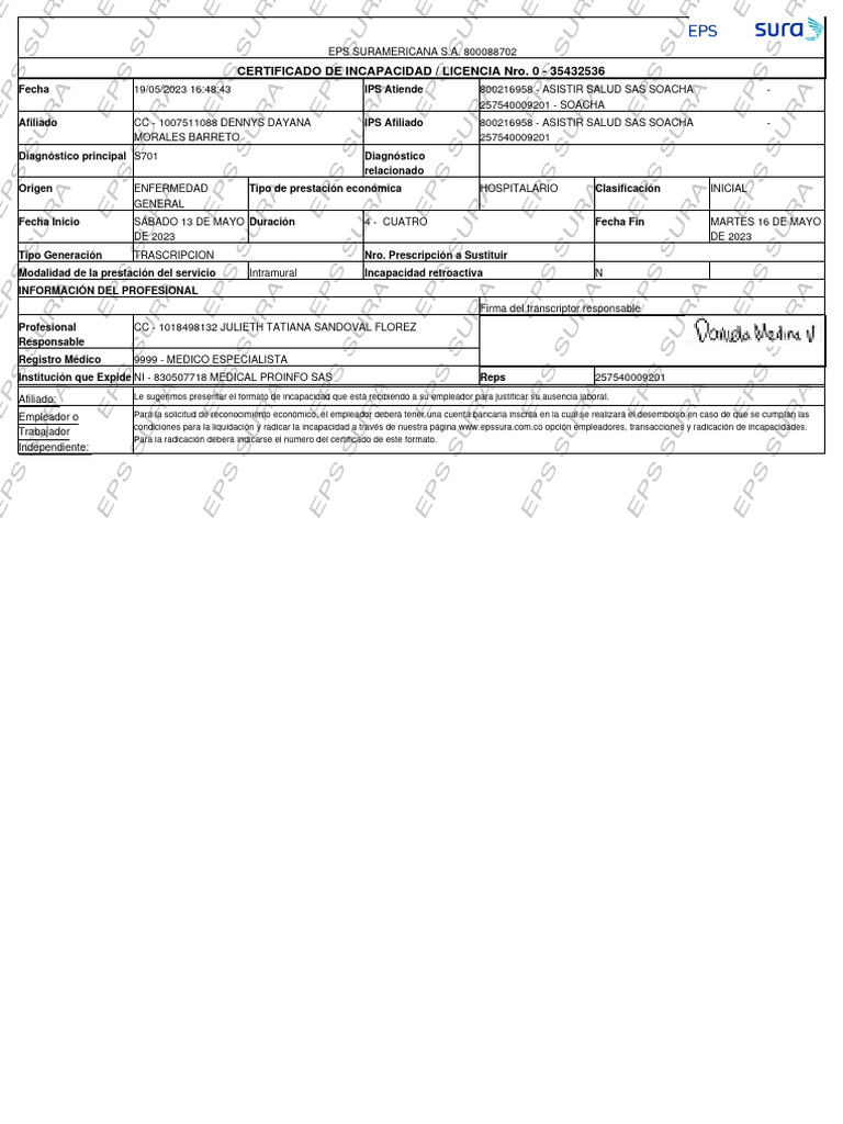 Certificado de Incapacidad EPS SURA | PDF | Cuidado de la salud ...