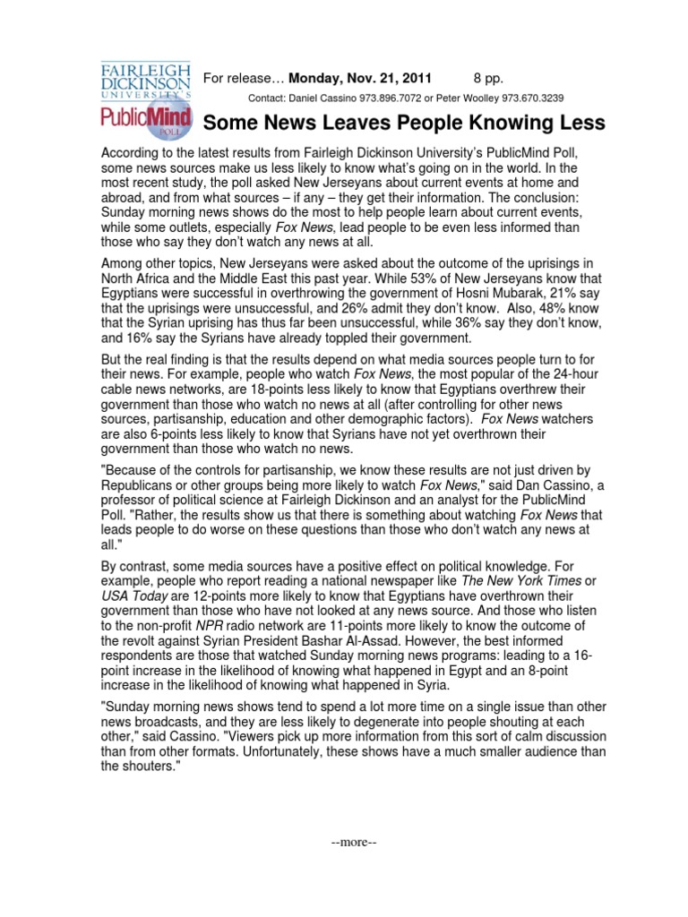 Some News Leaves People Knowing Less: For Release Monday, Nov. 21, 2011 ...