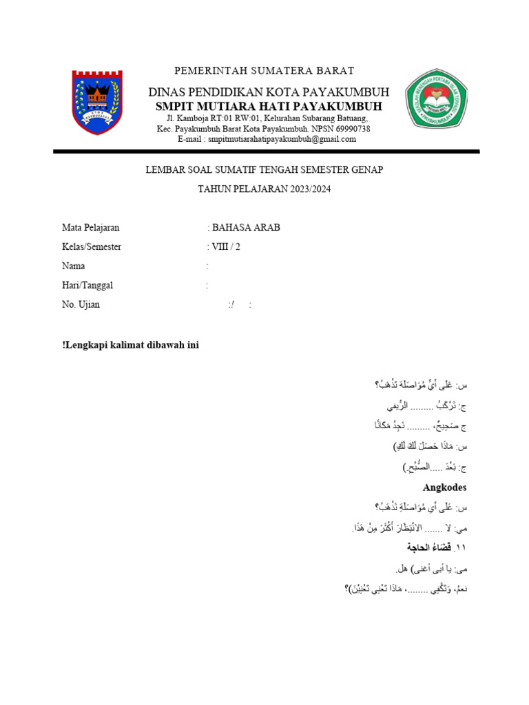 Soal Bahasa Arab Kelas VIII Genap | PDF