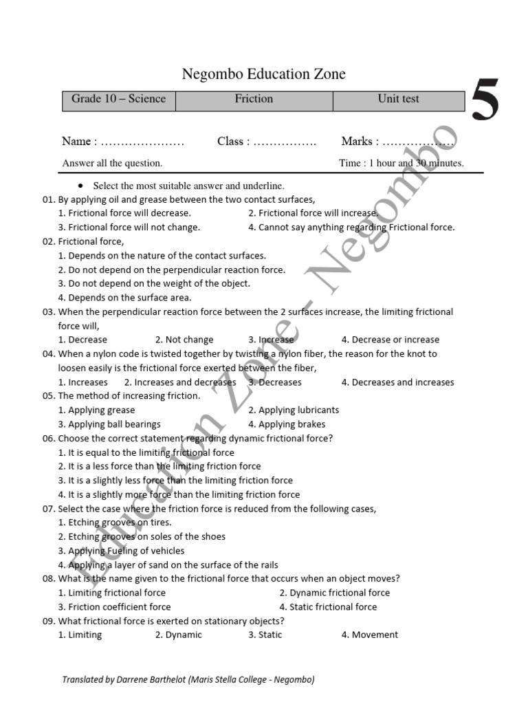 Grade 10 Friction Unit Test | PDF | Friction | Force