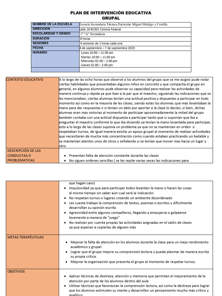 Plan de Intervención Educativa Grupal | PDF | Comprensión lectora
