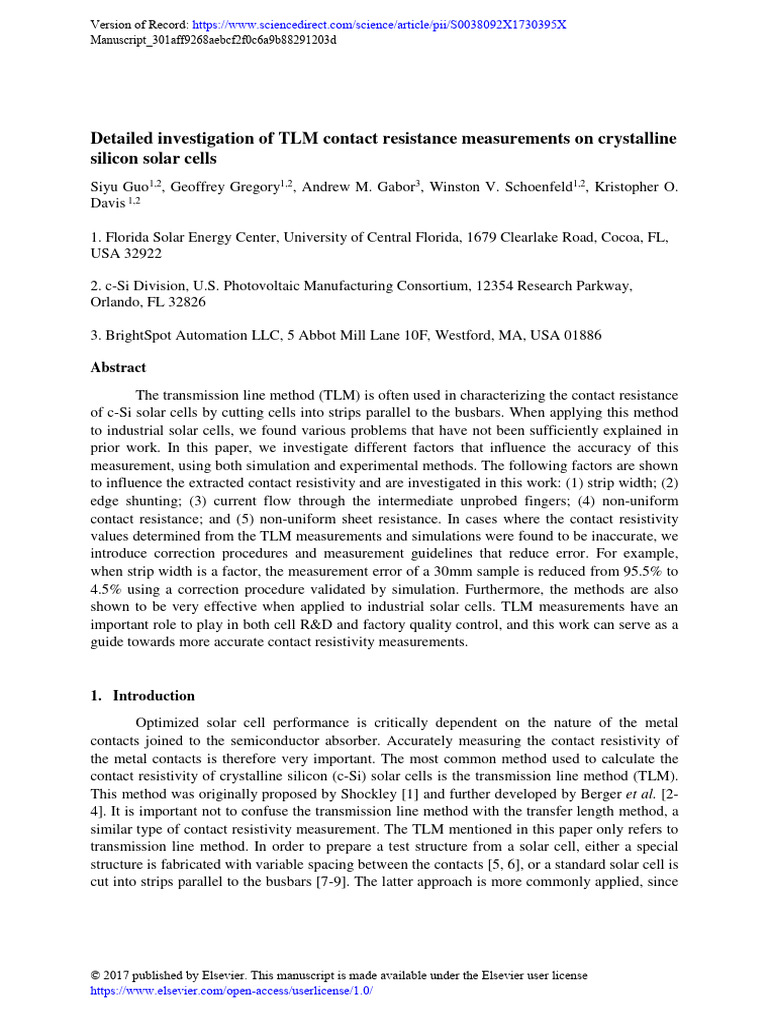 TLM Contact Resistance in c-Si Solar Cells | PDF | Electrical ...