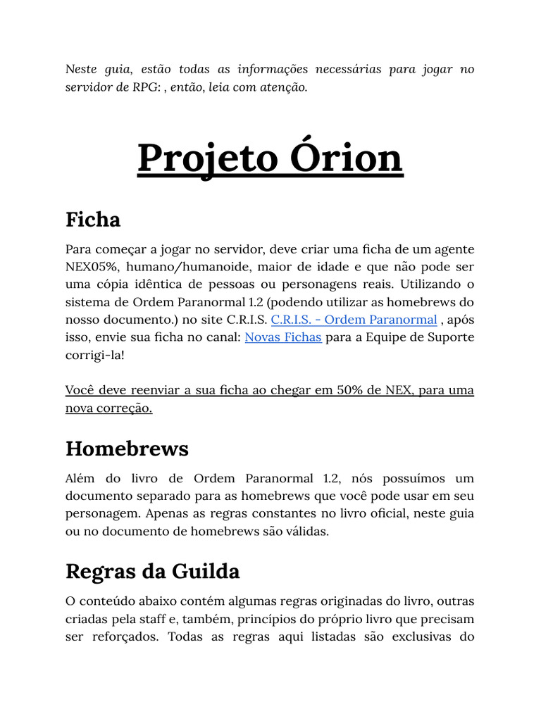 Guia - Projeto Órion | PDF | Jogos de RPG