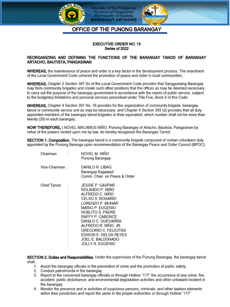 EXECUTIVE ORDER NO. 15, 2022 BARANGAY TANOD PDF Fire Safety Misconduct