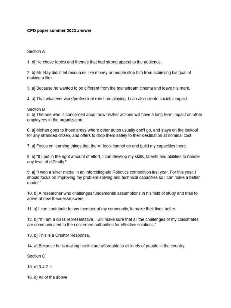 CPD Paper Summer 2023 Answer | PDF | Cognitive Science | Cognition