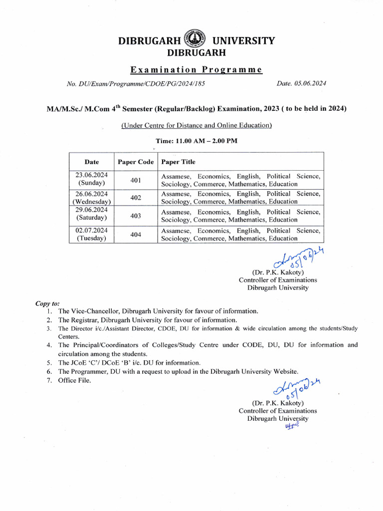 Dibrugarh Univ. MA/M.Sc./M.Com Exam 2024 | PDF | Qualifications | Science