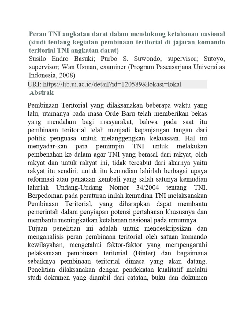 Peran TNI AD dalam Ketahanan Nasional | PDF
