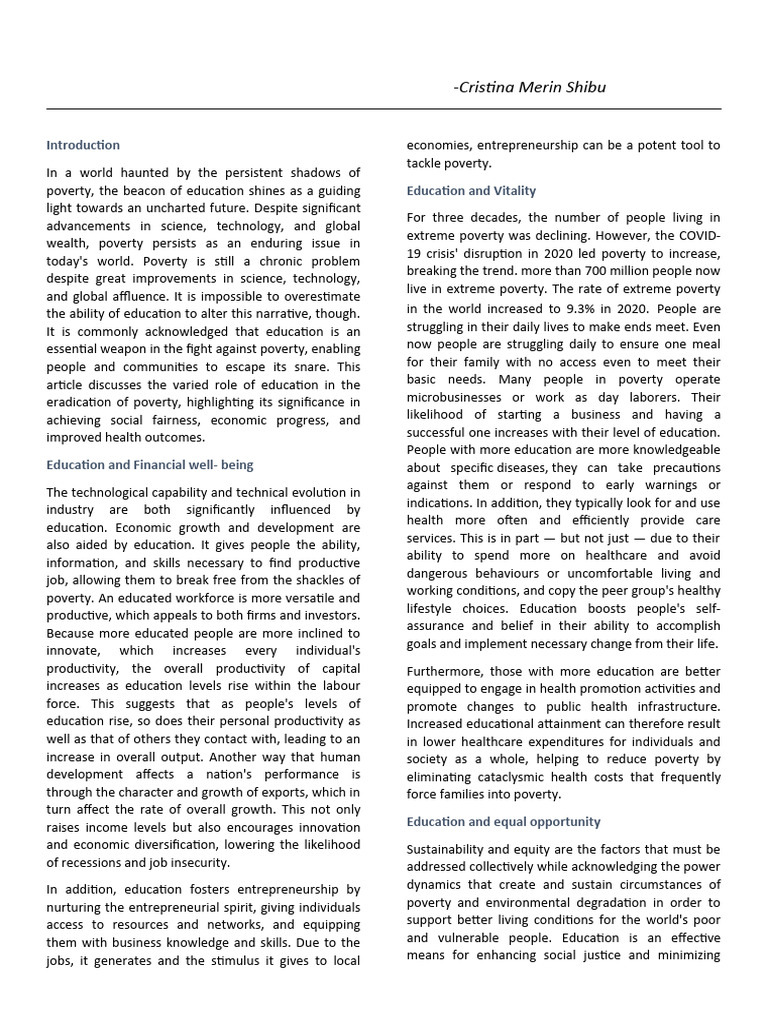 THE ROLE OF EDUCATION IN THE ERADICATION OF POVERTY | PDF | Poverty ...