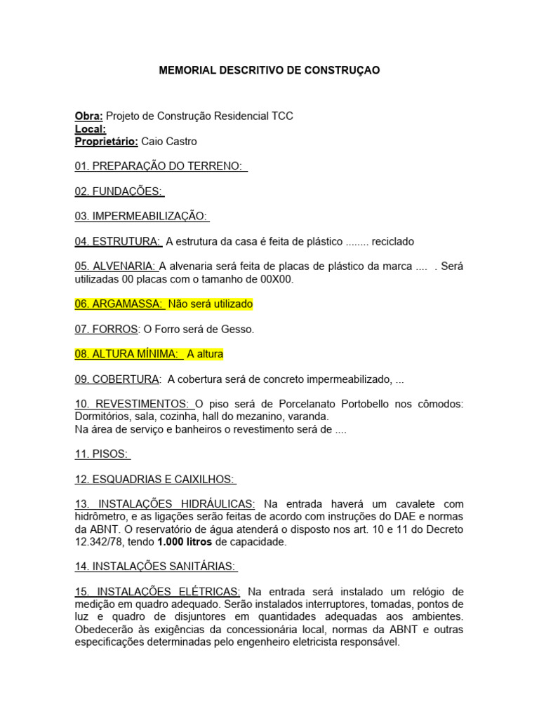 Memorial Descritivo de Construçao | PDF