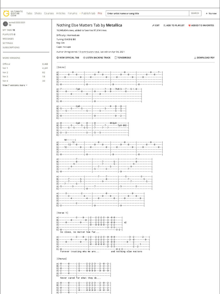 NOTHING ELSE MATTERS TAB by Metallica @ | PDF